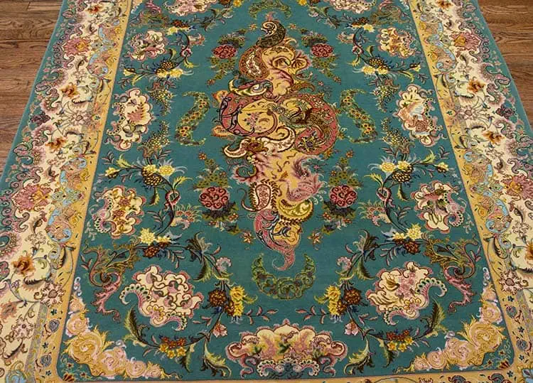 2751- Handmade Persian rug, beautiful teal green wool and silk Persian Tabriz rug by Shir Far. Size 5.2x7.4. 2751- Handmade Persian rug, beautiful teal green wool and silk Persian Tabriz rug by Shir Far. Size 5.2x7.4.