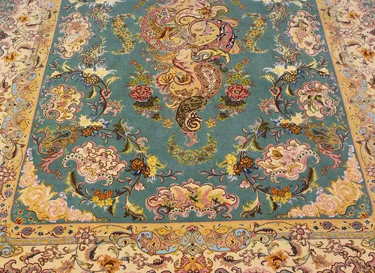 2751- Handmade Persian rug, beautiful teal green wool and silk Persian Tabriz rug by Shir Far. Size 5.2x7.4. 2751- Handmade Persian rug, beautiful teal green wool and silk Persian Tabriz rug by Shir Far. Size 5.2x7.4.