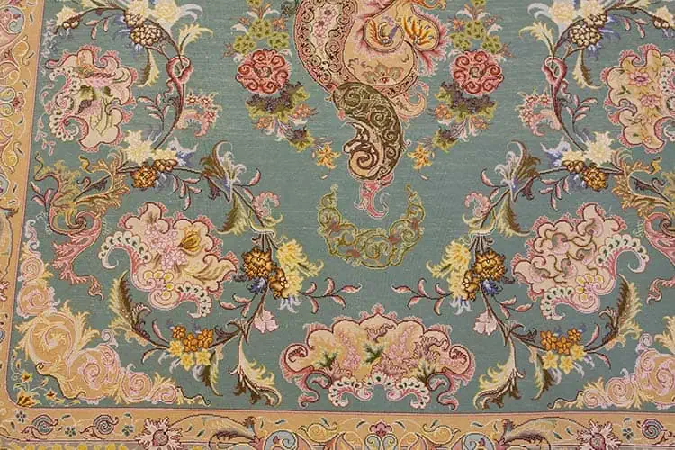 2751- Handmade Persian rug, beautiful teal green wool and silk Persian Tabriz rug by Shir Far. Size 5.2x7.4. Backside image. 2751- Handmade Persian rug, beautiful teal green wool and silk Persian Tabriz rug by Shir Far. Size 5.2x7.4. Backside image.