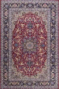 7558- Area rugs for living room, fine quality kork wool and silk Persian red area rug made in Isfahan Iran. Size 6.8x10.4.