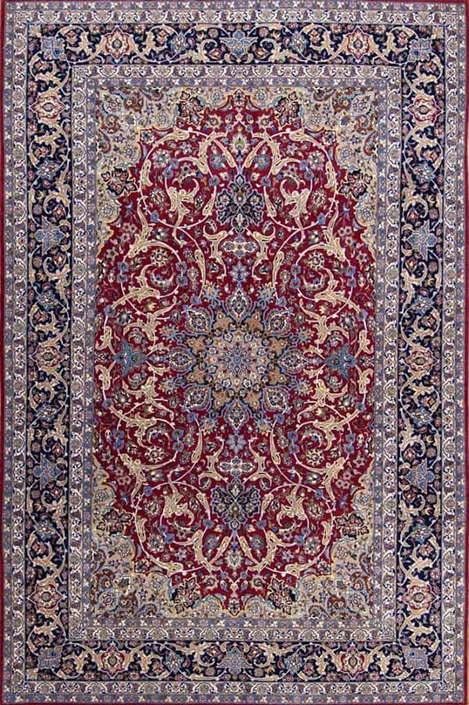 7558- Area rugs for living room, fine quality kork wool and silk Persian red area rug made in Isfahan Iran. Size 6.8x10.4.