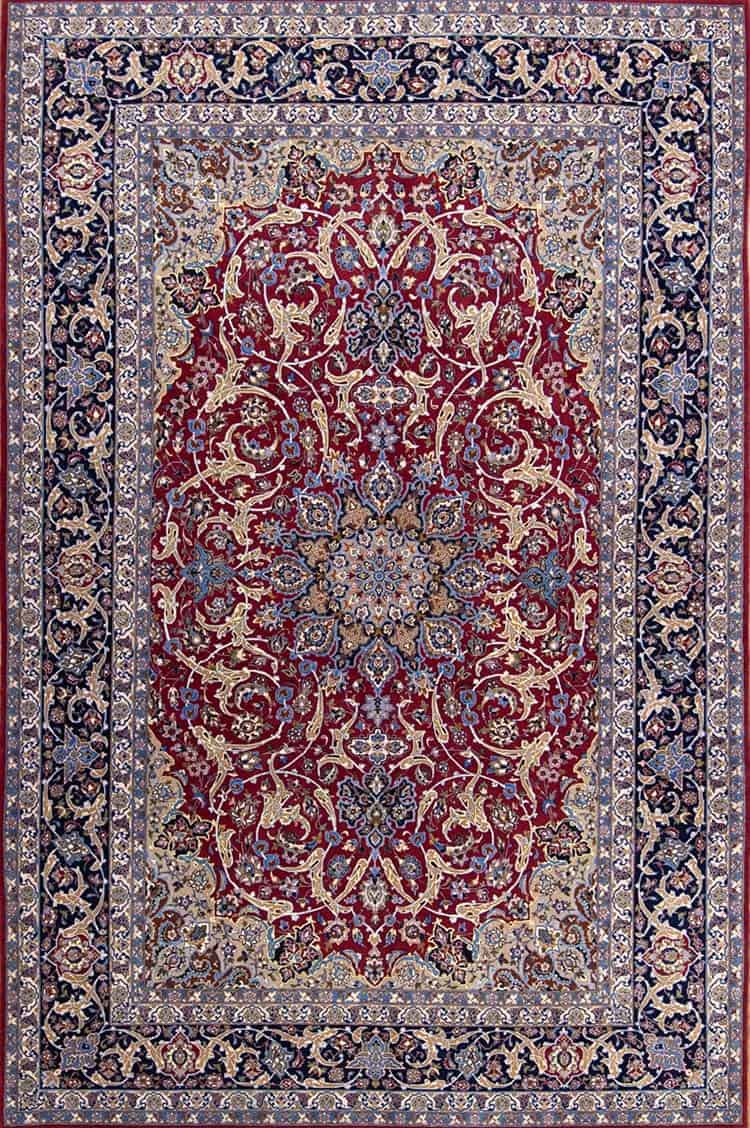7558- Area rugs for living room, fine quality kork wool and silk Persian red area rug made in Isfahan Iran. Size 6.8x10.4.