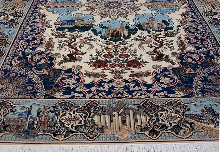 2500- Captivating rugs with high knot Count, fine quality handmade Persian Nain rug with historical monuments of Iran, an old Persian rug in like-new condition. Size 9.4 x 12.8. 2500- Captivating rugs with high knot Count, fine quality handmade Persian Nain rug with historical monuments of Iran, an old Persian rug in like-new condition. Size 9.4 x 12.8.