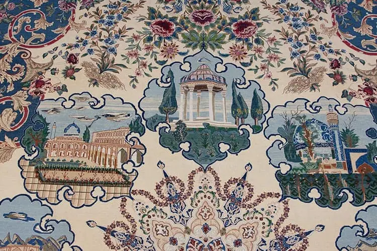 2500- Captivating rugs with high knot Count, fine quality handmade Persian Nain rug with historical monuments of Iran, an old Persian rug in like-new condition. Size 9.4 x 12.8. Backside image. 2500- Captivating rugs with high knot Count, fine quality handmade Persian Nain rug with historical monuments of Iran, an old Persian rug in like-new condition. Size 9.4 x 12.8. Backside image.