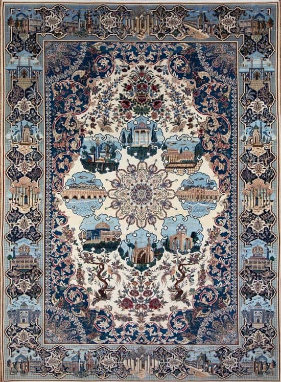 2500- Captivating rugs with high knot Count, fine quality handmade Persian Nain rug with historical monuments of Iran, an old Persian rug in like-new condition. Size 9.4 x 12.8. 