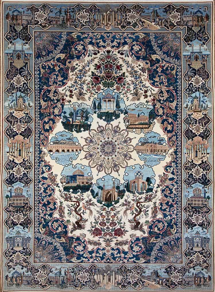 2500- Captivating rugs with high knot Count, fine quality handmade Persian Nain rug with historical monuments of Iran, an old Persian rug in like-new condition. Size 9.4 x 12.8. 2500- Captivating rugs with high knot Count, fine quality handmade Persian Nain rug with historical monuments of Iran, an old Persian rug in like-new condition. Size 9.4 x 12.8.