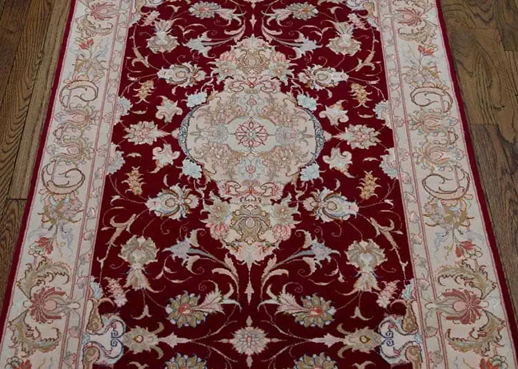 Rug 7548- Stair runner 10 foot, handmade floral Persian Tabriz long runner for stairs made from wool and silk. Size 3x10.6.