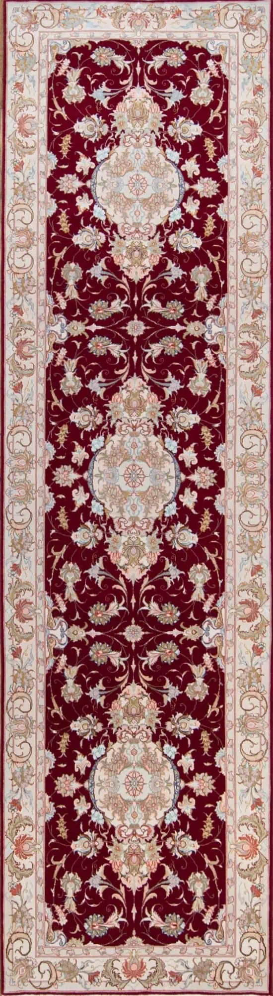 Rug 7548- Stair runner 10 foot, handmade floral Persian Tabriz long runner for stairs made from wool and silk. Size 3x10.6.