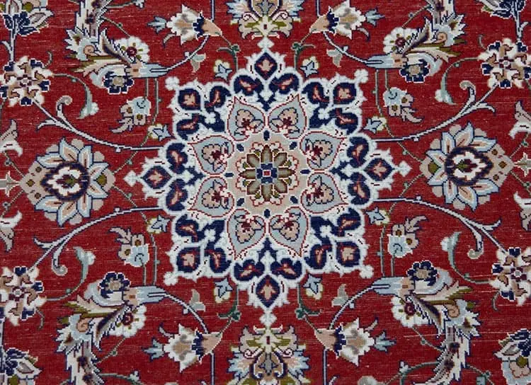 7551- Beautiful fine quality carpet runner, handmade Isfahan red Persian carpet runner made from kork wool and silk. Size 2.6 x 8.10.  Backside image. 