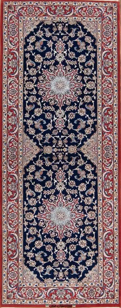 Rug 7554- Fine quality runners for stairs, blue Persian runner rug made in Isfahan made from kork wool and silk. Size 2.9 x 7.4.