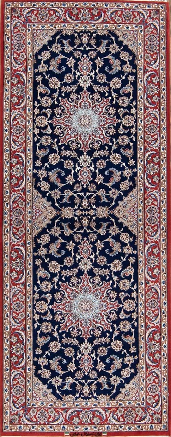 Rug 7554- Fine quality runners for stairs, blue Persian runner rug made in Isfahan made from kork wool and silk. Size 2.9 x 7.4.