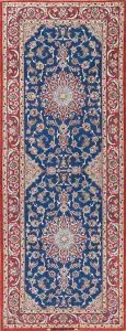 7555- Captivating hallway rug runners, blue Persian rug runner made from kork wool and silk. Size 2.9x7.2.