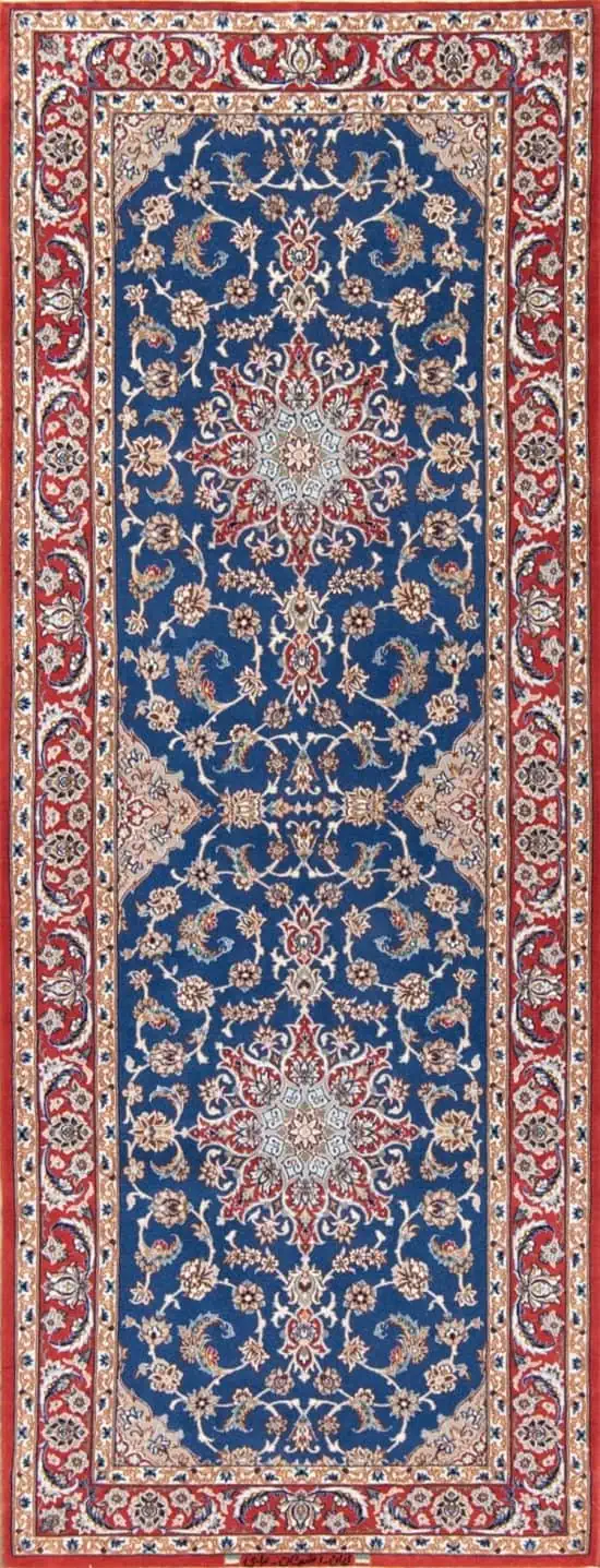 7555- Captivating hallway rug runners, blue Persian rug runner made from kork wool and silk. Size 2.9x7.2. 