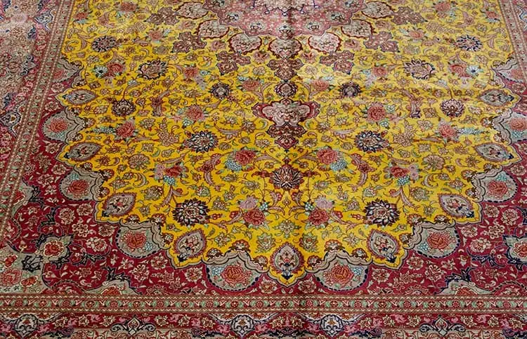 7557- Artistic silk gold rug, fine quality hand knotted floral Persian gold and pink silk rug made in Qum, Iran. Size 6.5 x 9.6. 7557- Artistic silk gold rug, fine quality hand knotted floral Persian gold and pink silk rug made in Qum, Iran. Size 6.5 x 9.6.