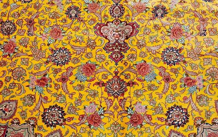 7557- Artistic silk gold rug, fine quality hand knotted floral Persian gold and pink silk rug made in Qum, Iran. Size 6.5 x 9.6. 7557- Artistic silk gold rug, fine quality hand knotted floral Persian gold and pink silk rug made in Qum, Iran. Size 6.5 x 9.6.