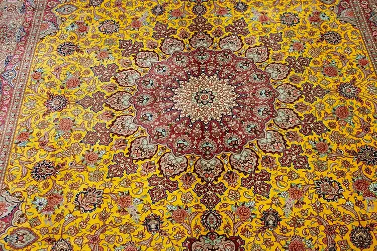 7557- Artistic silk gold rug, fine quality hand knotted floral Persian gold and pink silk rug made in Qum, Iran. Size 6.5 x 9.6. 7557- Artistic silk gold rug, fine quality hand knotted floral Persian gold and pink silk rug made in Qum, Iran. Size 6.5 x 9.6.