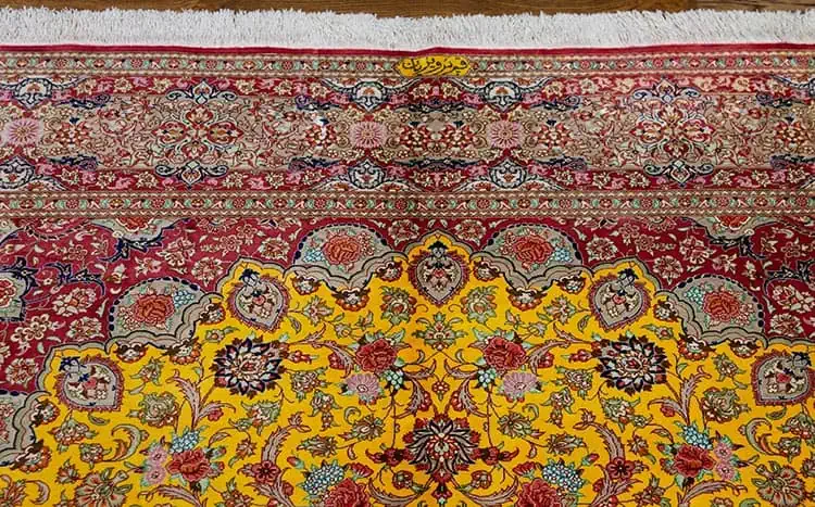7557- Artistic silk gold rug, fine quality hand knotted floral Persian gold and pink silk rug made in Qum, Iran. Size 6.5 x 9.6. 7557- Artistic silk gold rug, fine quality hand knotted floral Persian gold and pink silk rug made in Qum, Iran. Size 6.5 x 9.6.