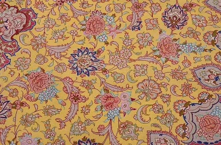 7557- Artistic silk gold rug, fine quality hand knotted floral Persian gold and pink silk rug made in Qum, Iran. Size 6.5 x 9.6. Backside image. 7557- Artistic silk gold rug, fine quality hand knotted floral Persian gold and pink silk rug made in Qum, Iran. Size 6.5 x 9.6. Backside image.