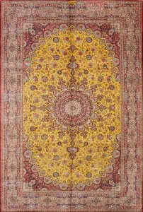 7557- Artistic silk gold rug, fine quality hand knotted floral Persian gold and pink silk rug made in Qum, Iran. Size 6.5 x 9.6.