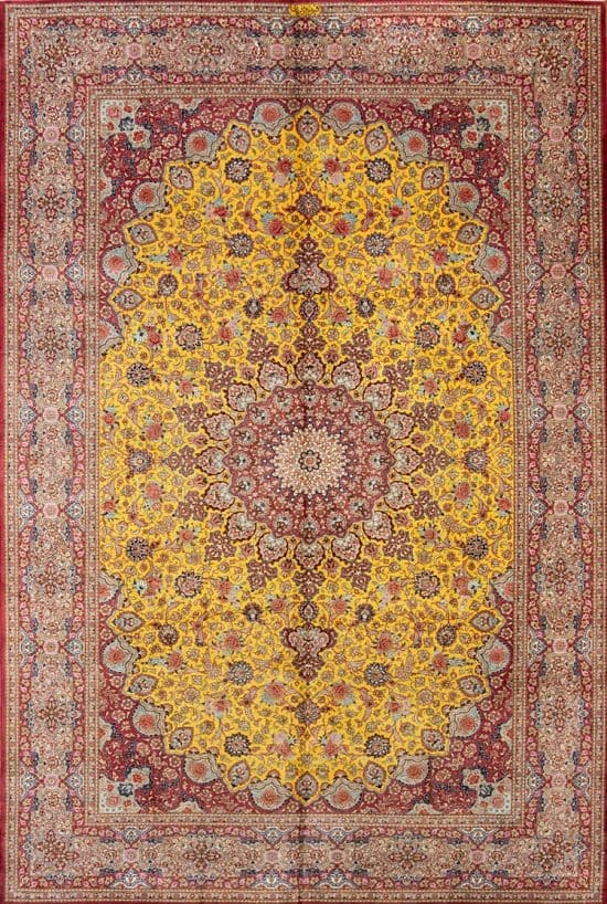 7557- Artistic silk gold rug, fine quality hand knotted floral Persian gold and pink silk rug made in Qum, Iran. Size 6.5 x 9.6.