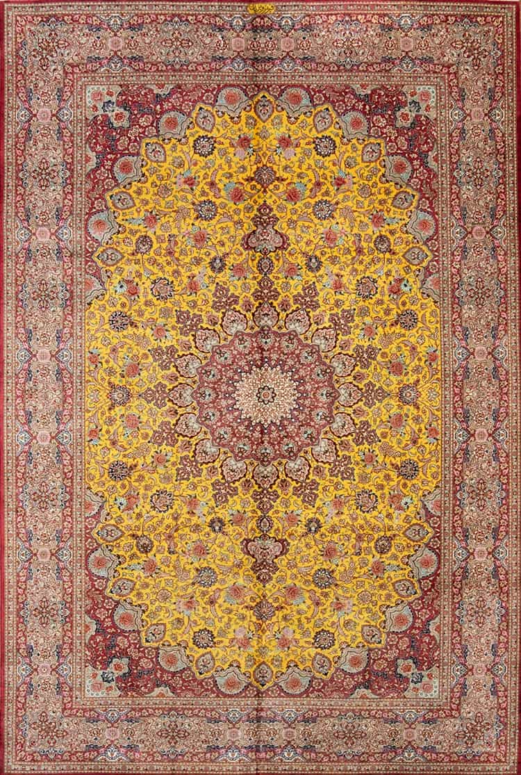 7557- Artistic silk gold rug, fine quality hand knotted floral Persian gold and pink silk rug made in Qum, Iran. Size 6.5 x 9.6. 7557- Artistic silk gold rug, fine quality hand knotted floral Persian gold and pink silk rug made in Qum, Iran. Size 6.5 x 9.6.