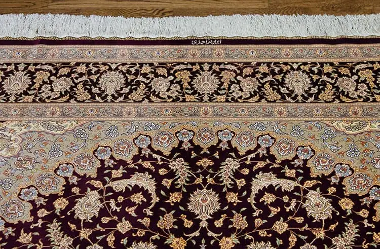 Rug 7559- Purple area rugs, exquisite handmade floral Persian Qum silk area rug made to perfection with beauty and quality in mind. Size 6.6 x 9.6.