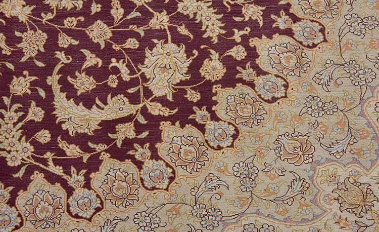 Rug 7559- Purple area rugs, exquisite handmade floral Persian Qum silk area rug made to perfection with beauty and quality in mind. Size 6.6 x 9.6. Backside image.