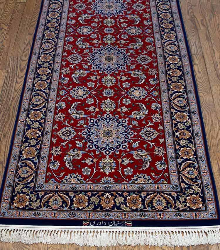 Rug 7552- Rug runners for hallways, fine quality handmade Persian Isfahan red rug runner made from kork wool and silk. Runner size 2.7 x 8.9. Rug 7552- Rug runners for hallways, fine quality handmade Persian Isfahan red rug runner made from kork wool and silk. Runner size 2.7 x 8.9.