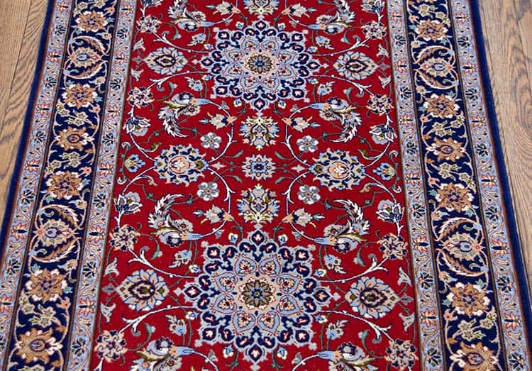 Rug 7552- Rug runners for hallways, fine quality handmade Persian Isfahan red rug runner made from kork wool and silk. Runner size 2.7 x 8.9. Rug 7552- Rug runners for hallways, fine quality handmade Persian Isfahan red rug runner made from kork wool and silk. Runner size 2.7 x 8.9.