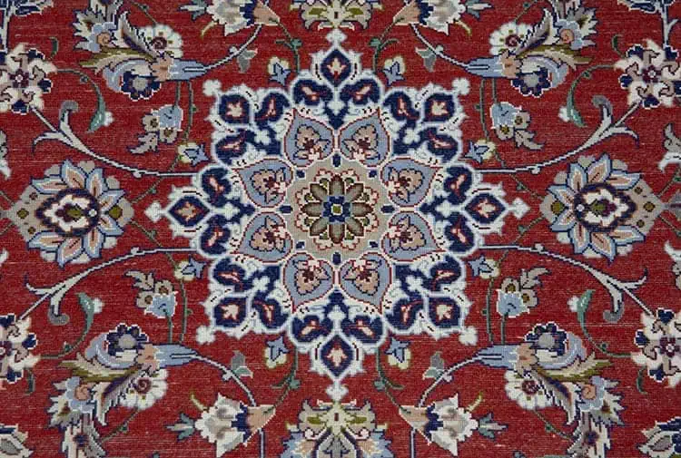 Rug 7552- Rug runners for hallways, fine quality handmade Persian Isfahan red rug runner made from kork wool and silk. Runner size 2.7 x 8.9. Backside image. Rug 7552- Rug runners for hallways, fine quality handmade Persian Isfahan red rug runner made from kork wool and silk. Runner size 2.7 x 8.9. Backside image.