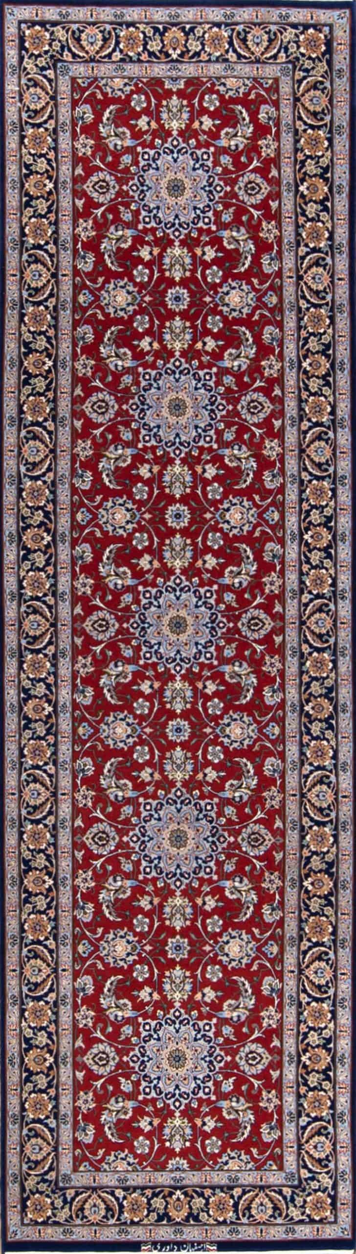 Rug 7552- Rug runners for hallways, fine quality handmade Persian Isfahan red rug runner made from kork wool and silk. Runner size 2.7 x 8.9. Rug 7552- Rug runners for hallways, fine quality handmade Persian Isfahan red rug runner made from kork wool and silk. Runner size 2.7 x 8.9.