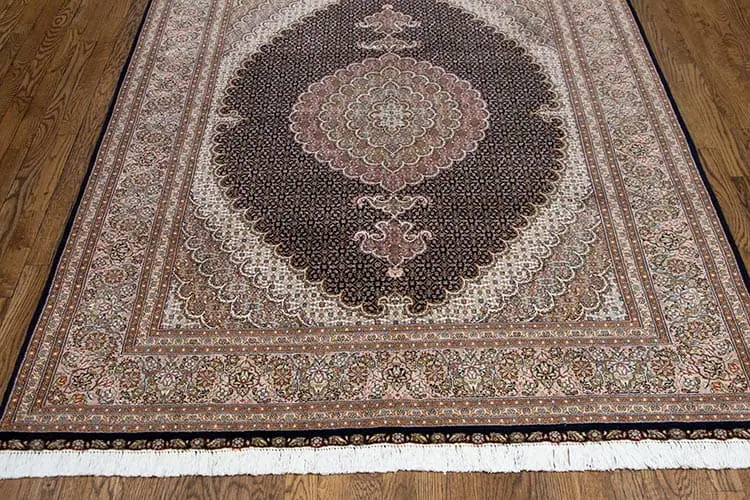 Rug 2716- Authentic Persian rug, Hand knotted wool and silk navy blue Persian Tabriz rug. Size 5.2x6.10.