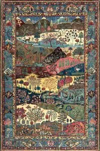 Antique Persian Kermanshah rug depicting seasonal nature, colorful 1950s Persian carpet. Size 4.6 x 6.7.