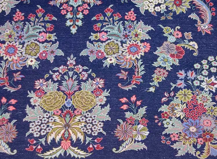 Rug 2330- Navy Blue Rug, Persian Qum wool and silk masterpiece with intricate floral motifs, size 4.10x6.10. Backside image. Rug 2330- Navy Blue Rug, Persian Qum wool and silk masterpiece with intricate floral motifs, size 4.10x6.10. Backside image.