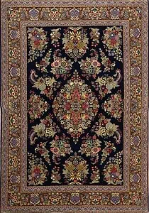Rug 2330- Navy Blue Rug, Persian Qum wool and silk masterpiece with intricate floral motifs, size 4.10x6.10.