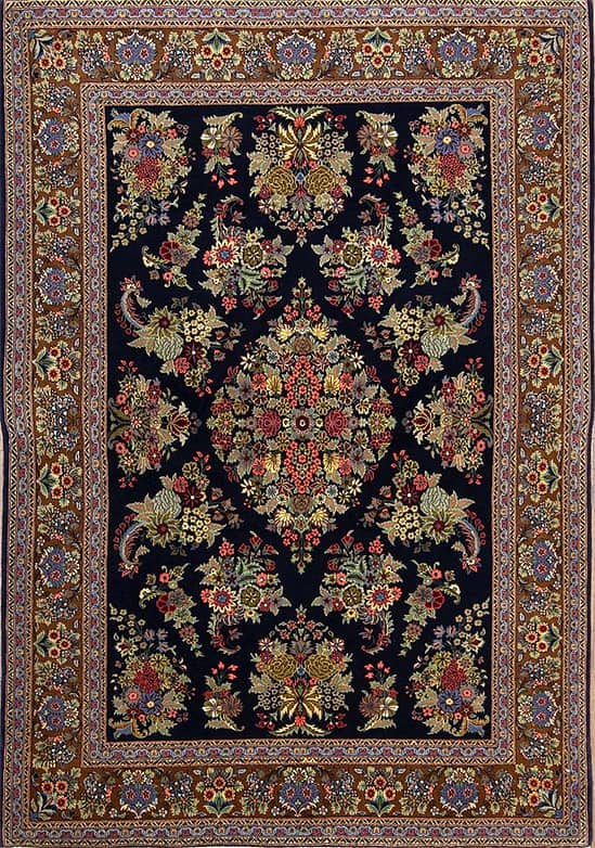 Rug 2330- Navy Blue Rug, Persian Qum wool and silk masterpiece with intricate floral motifs, size 4.10x6.10.
