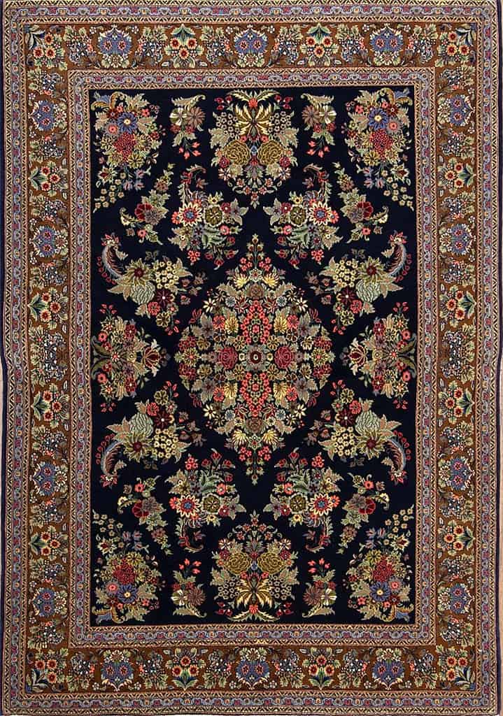 Rug 2330- Navy Blue Rug, Persian Qum wool and silk masterpiece with intricate floral motifs, size 4.10x6.10.