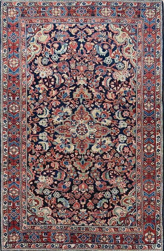 Rug 2344- Vintage 4x6 Persian Mahal wool rug with blue field and red borders, handwoven in floral design.