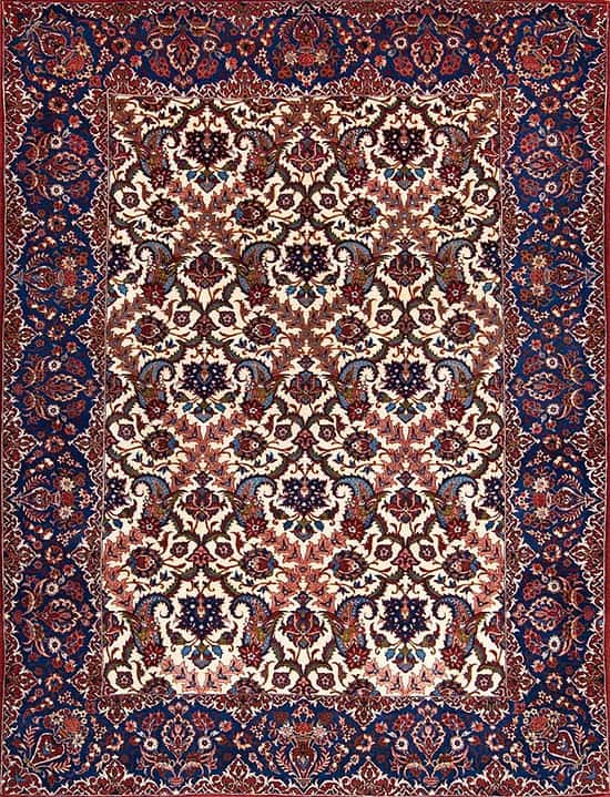 Rug 2429- An enchanting fine antique carpet from Isfahan, with luminous blues and vases of flowers gracing its elegant borders. Rug size 5.3x7.2. 