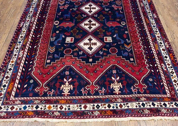 Rug 2643 – Wool Rug, Persian Sirjan handmade geometric rug in navy blue and red, durable and soft, size 5.5x8. Rug 2643 – Wool Rug, Persian Sirjan handmade geometric rug in navy blue and red, durable and soft, size 5.5x8.