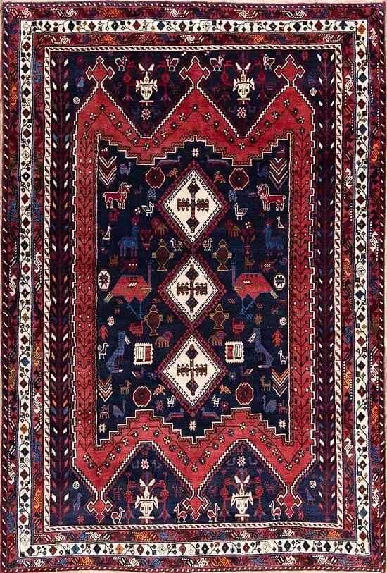 Rug 2643 – Wool Rug, Persian Sirjan handmade geometric rug in navy blue and red, durable and soft, size 5.5x8.