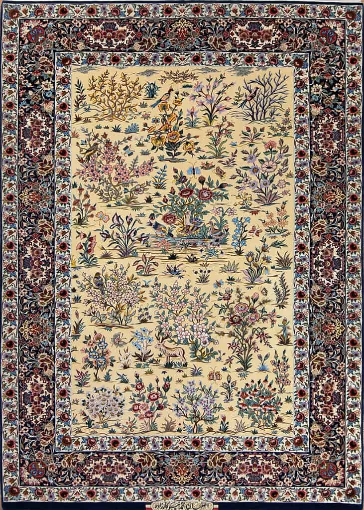 1208- A magnificent high quality Persian rug from Isfahan, featuring fine silk and kork wool craftsmanship, radiant floral motifs, and exceptional detail — Beautiful Rugs Chicago.