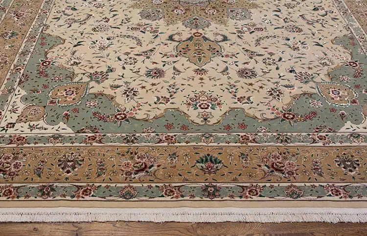 1263- Handwoven 9x12 Beige and Mint Green Oriental Rug in fine wool and silk. Persian Tabriz floral design with beige and mint green field, and soft rose and lavender tones. Available at Beautiful Rugs Chicago. 1263- Handwoven 9x12 Beige and Mint Green Oriental Rug in fine wool and silk. Persian Tabriz floral design with beige and mint green field, and soft rose and lavender tones. Available at Beautiful Rugs Chicago.