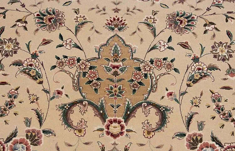 1263- Handwoven 9x12 Beige and Mint Green Oriental Rug in fine wool and silk. Persian Tabriz floral design with beige and mint green field, and soft rose and lavender tones. Available at Beautiful Rugs Chicago. Backside image. 1263- Handwoven 9x12 Beige and Mint Green Oriental Rug in fine wool and silk. Persian Tabriz floral design with beige and mint green field, and soft rose and lavender tones. Available at Beautiful Rugs Chicago. Backside image.