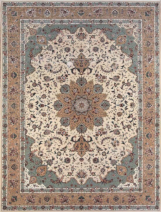 1263- Handwoven 9x12 Beige and Mint Green Oriental Rug in fine wool and silk. Persian Tabriz floral design with beige and mint green field, and soft rose and lavender tones. Available at Beautiful Rugs Chicago.