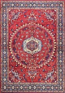 Persian Tabriz medallion rug, handmade wool red rug with central floral medallion and navy border