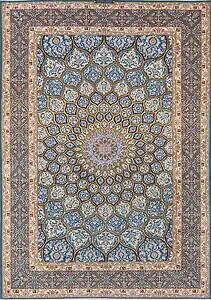 Blue and gold Isfahan Persian rug, hand-knotted kork wool and silk Persian carpet with intricate medallion design, from Beautiful Rugs Chicago.
