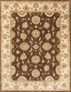 Transitional wool living room rug from Pakistan in soft brown tones with elegant modern design