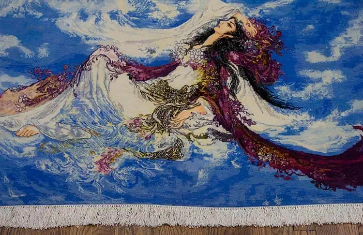 5409- A captivating Persian portrait rug designed by Mahmoud Farshchian, handmade in Tabriz with fine wool on a silk foundation. Its graceful design and vibrant blue tones make it a luxurious wall-hanging art piece, available at Beautiful Rugs Chicago. 5409- A captivating Persian portrait rug designed by Mahmoud Farshchian, handmade in Tabriz with fine wool on a silk foundation. Its graceful design and vibrant blue tones make it a luxurious wall-hanging art piece, available at Beautiful Rugs Chicago.