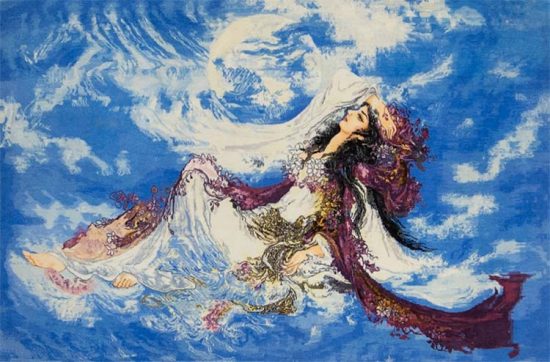 5409- A captivating Persian portrait rug designed by Mahmoud Farshchian, handmade in Tabriz with fine wool on a silk foundation. Its graceful design and vibrant blue tones make it a luxurious wall-hanging art piece, available at Beautiful Rugs Chicago.